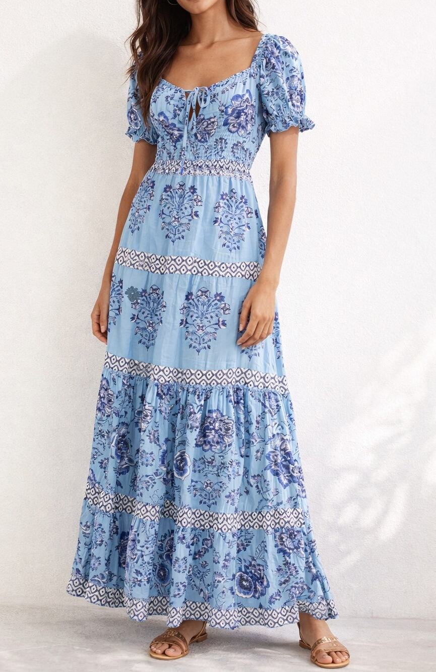 Celina Moon Short Puff Sleeve Printed Tie Front Maxi Dress Blue Medium